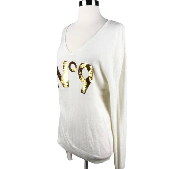 WILDFOX White Label White Sweater Gold Sequins No. 9 V-Neck Angora Oversized XS - Picture 3 of 8